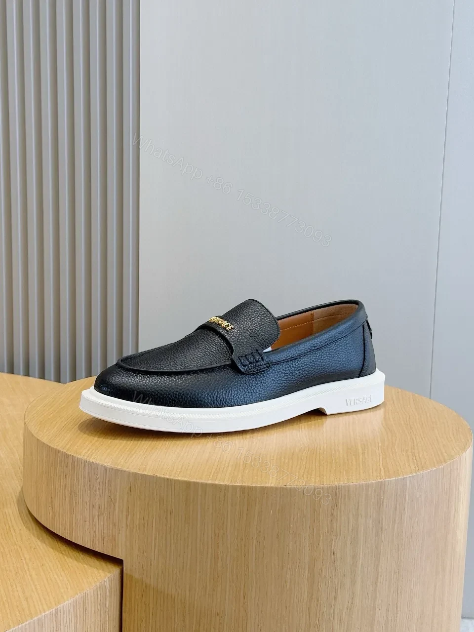 View 5 of Navy Leather Penny Loafers with Gold Hardware & White Sole