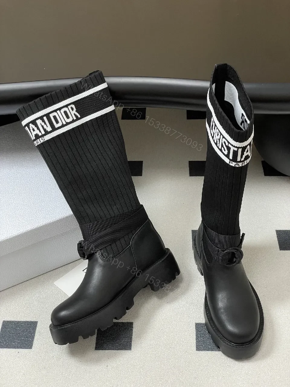 View 2 of Ribbed Knit Leather High-Top Boots: Luxe Streetwear Boldness