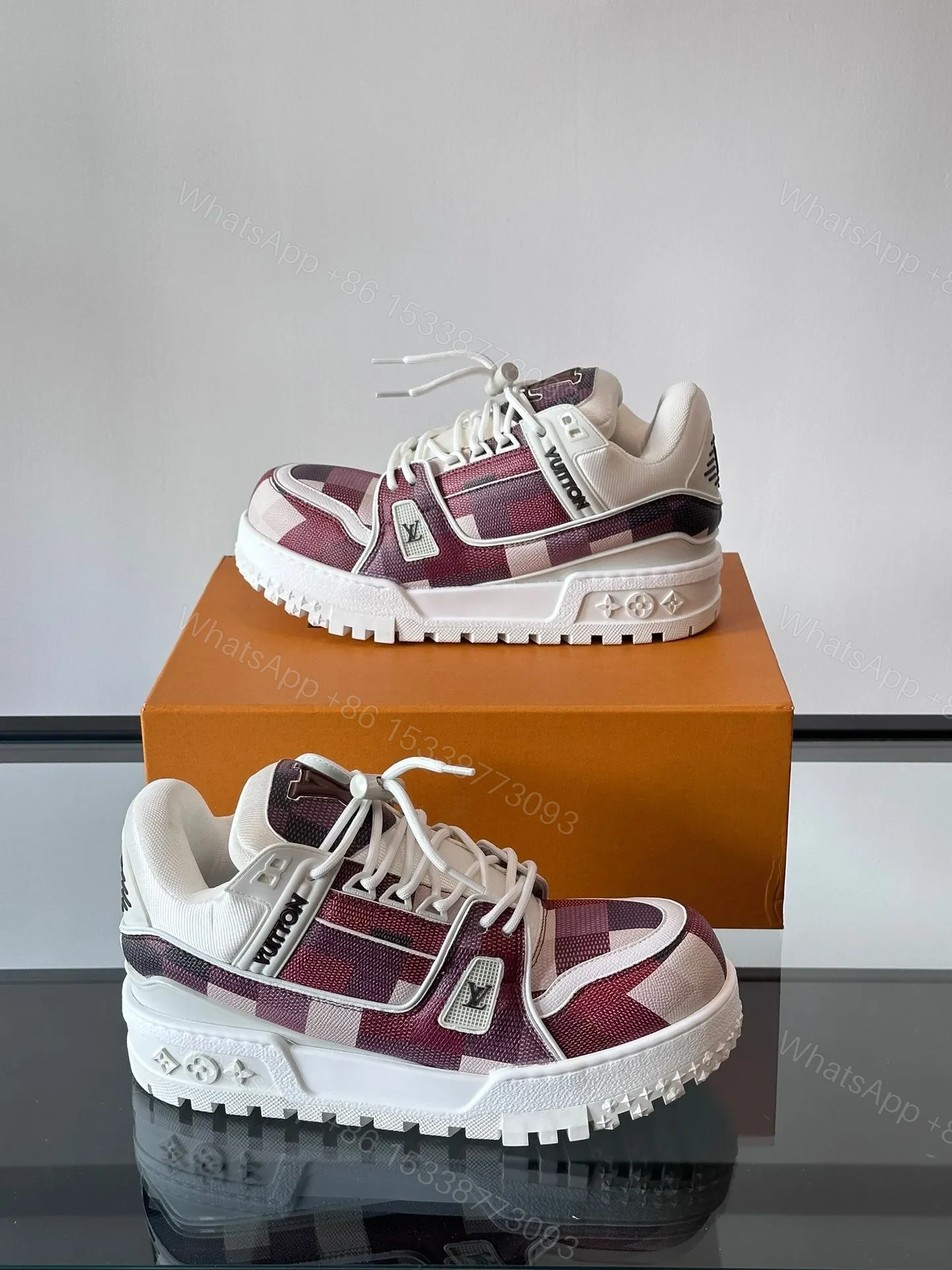 View 4 of LV Men Burgundy Canvas White Leather Sneakers