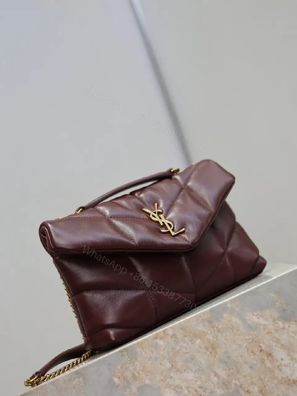 View 8 of Quilted Burgundy Leather Shoulder Bag with Gold Hardware