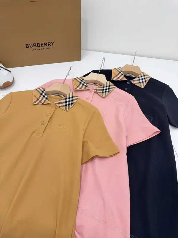 Mustard Cotton Polo with Burberry-Style Plaid Collar — view 1