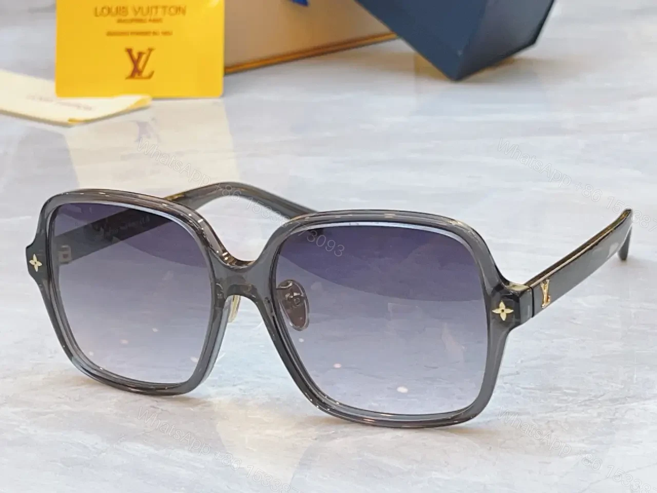 View 5 of Gray Glossy Square Sunglasses Gradient Lenses, Metal Accents, Luxury Style, Louis Vuitton Temples (No Brand Details)
