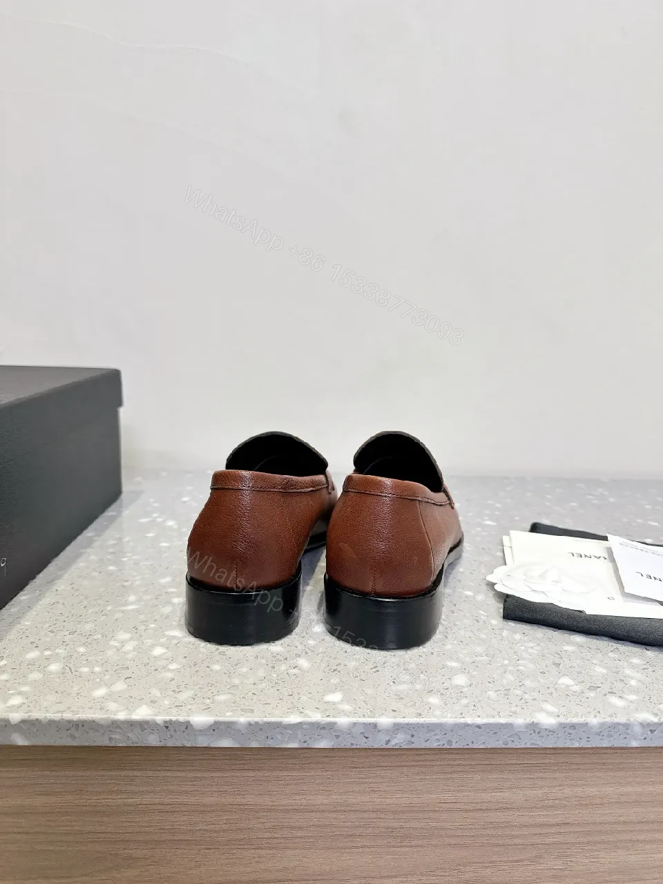 View 3 of Caramel Leather Moccasin Loafers with Band Accent