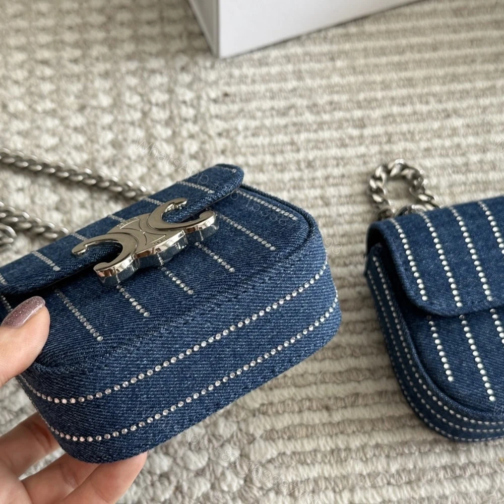 View 3 of CELINE MINI CHAIN CLAUDE IN STRIPED DENIM WITH STRASS BLUE 12CM 10L842GGJ 07DD