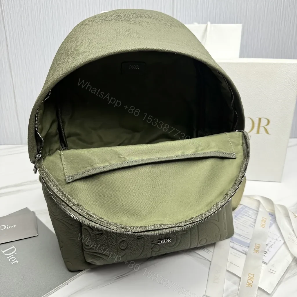 View 2 of Olive Leather-Textured Compact Backpack with Dior-Inspired Pattern