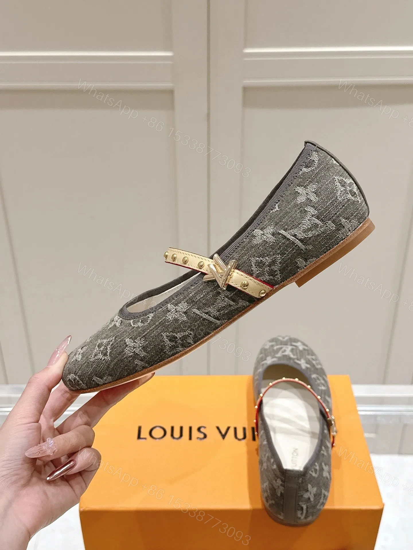 View 6 of LV Women Gray Fabric Studded Strap Flats