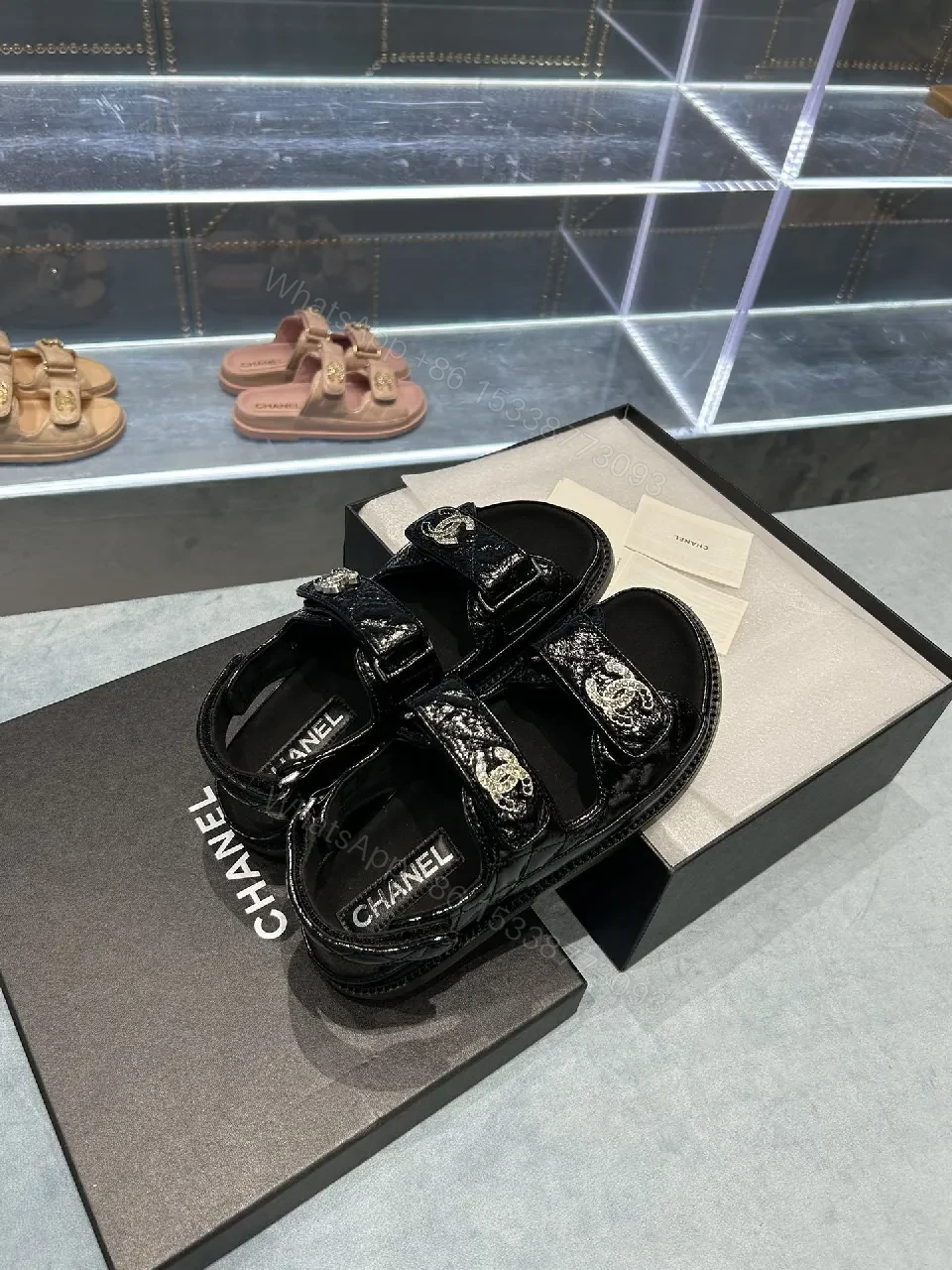 View 4 of Black Patent Sandals with Logo Straps – Luxe Everyday Comfort