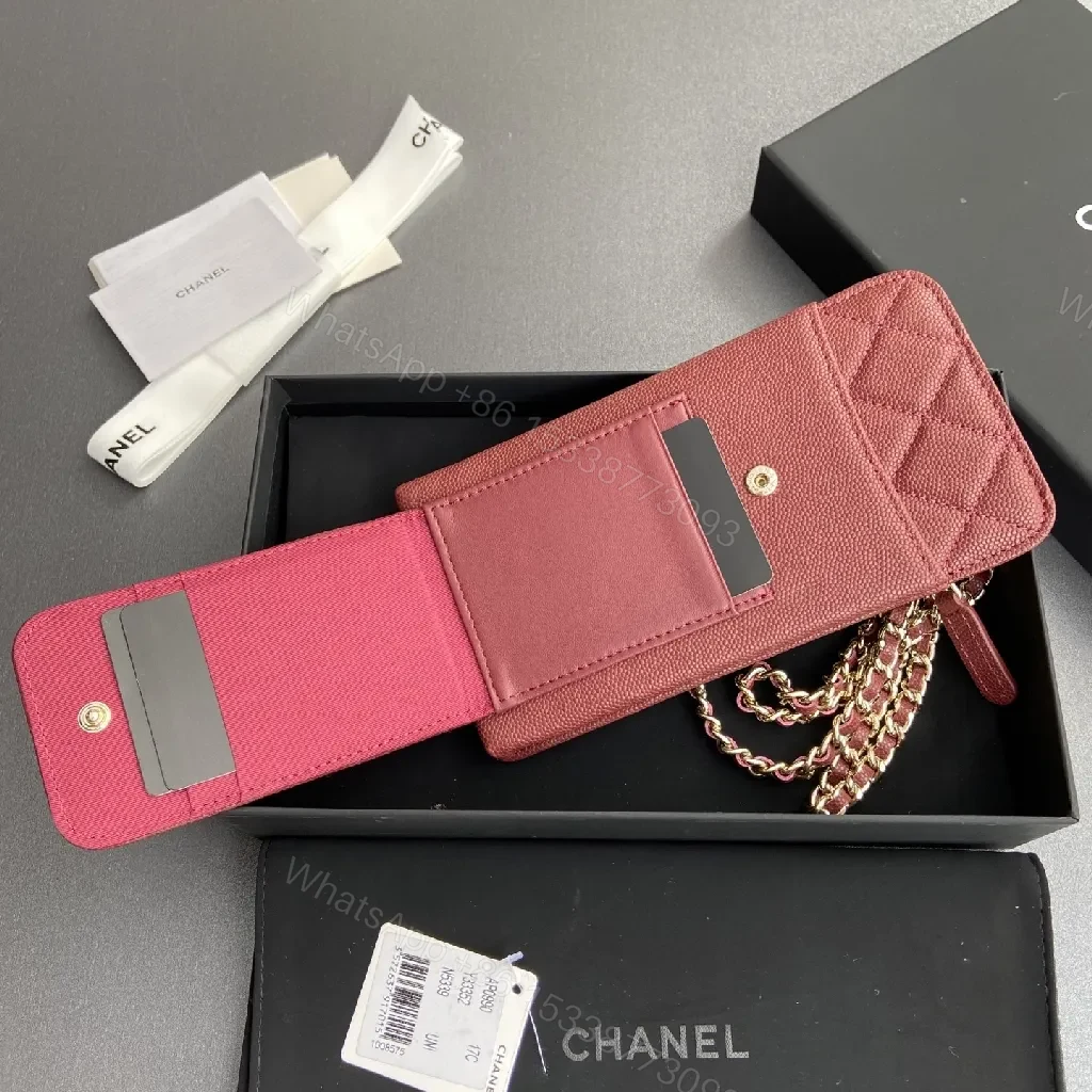 View 3 of Red Quilted Wallet Bag with Gold Chain Strap