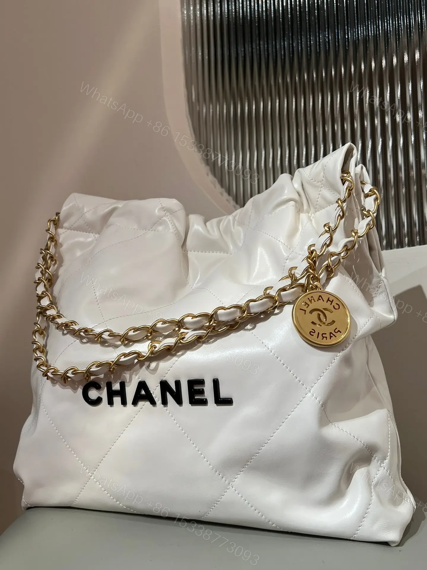 View 3 of CHANEL 22 Bag Small White Lambskin Leather
