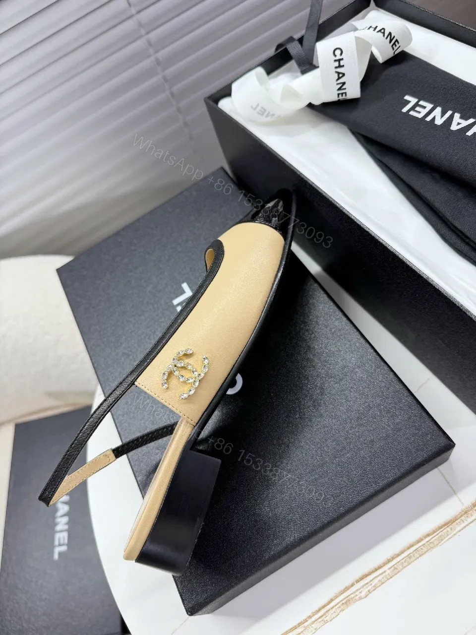 View 2 of Beige Leather Slingback Pumps with Glossy Cap Toe