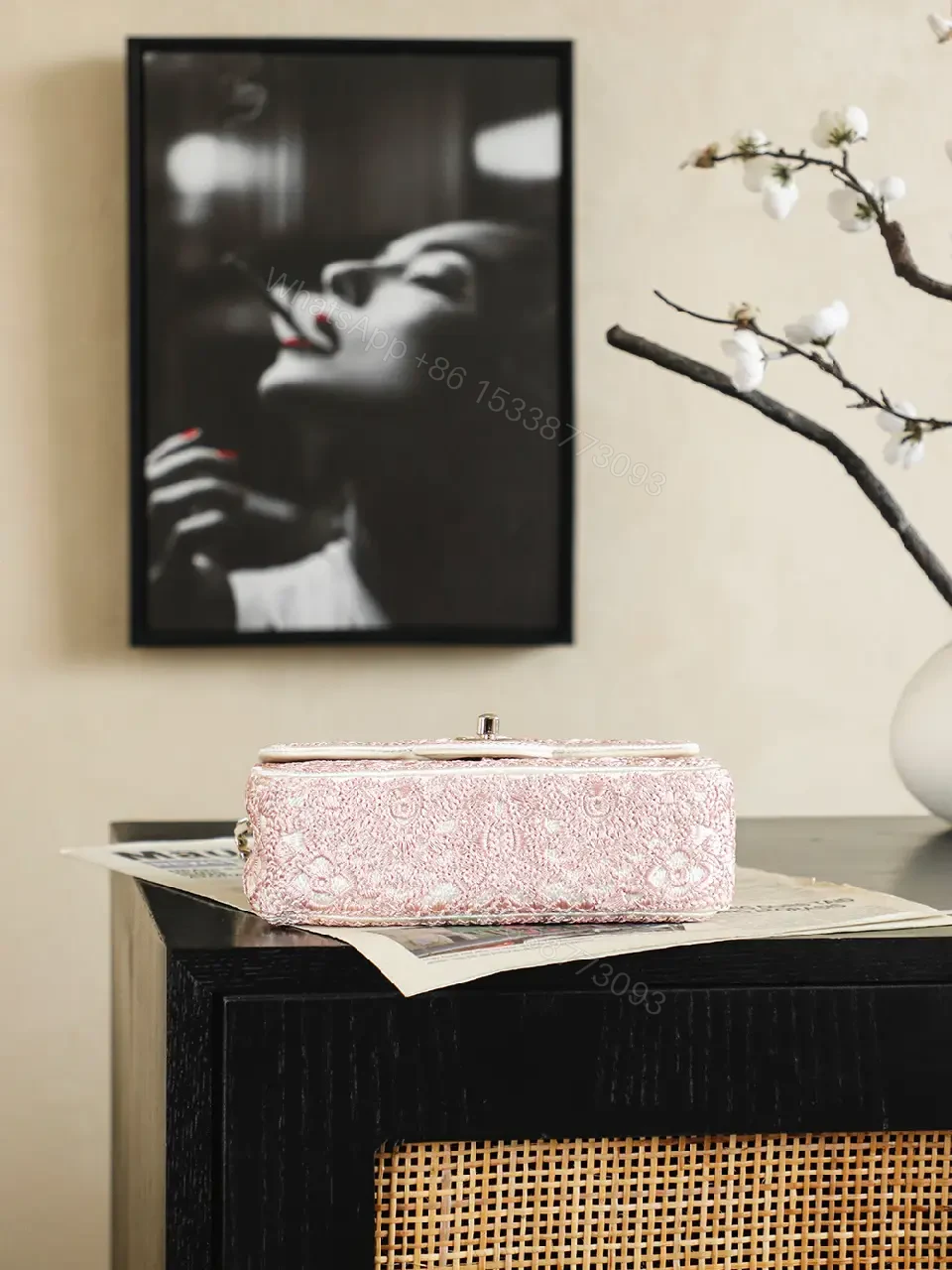 View 6 of pink glitter fabric Chanel-inspired shoulder bag with chain strap for everyday luxury
