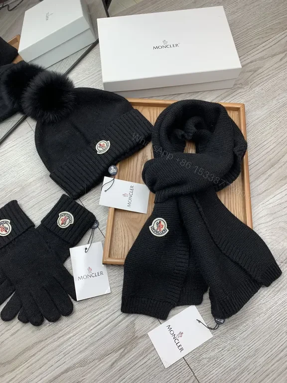 Moncler Black Knit Winter Accessories Set: Beanie, Scarf, Gloves — view 1