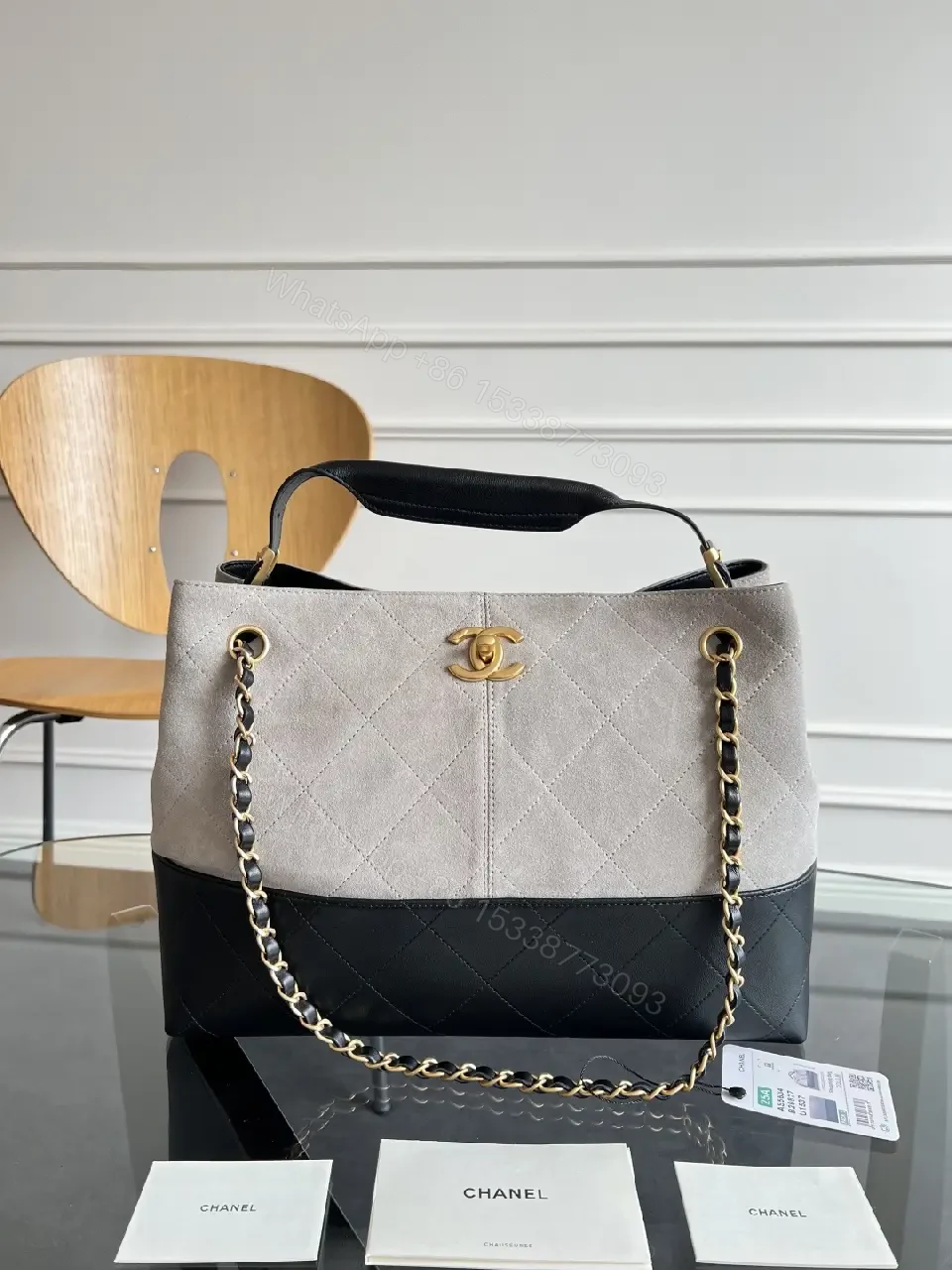 View 4 of Two-Tone Quilted Tote: Convertible Chain Handle, Subtle Glam