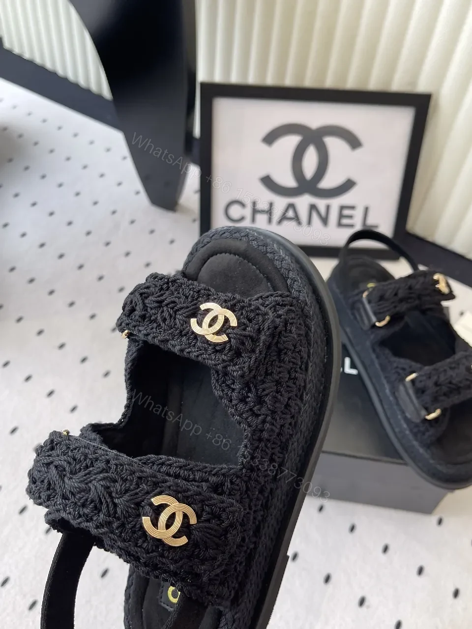 View 8 of Crochet-Texture Sandals with Gold Logo Accents – Luxury Everyday Wear