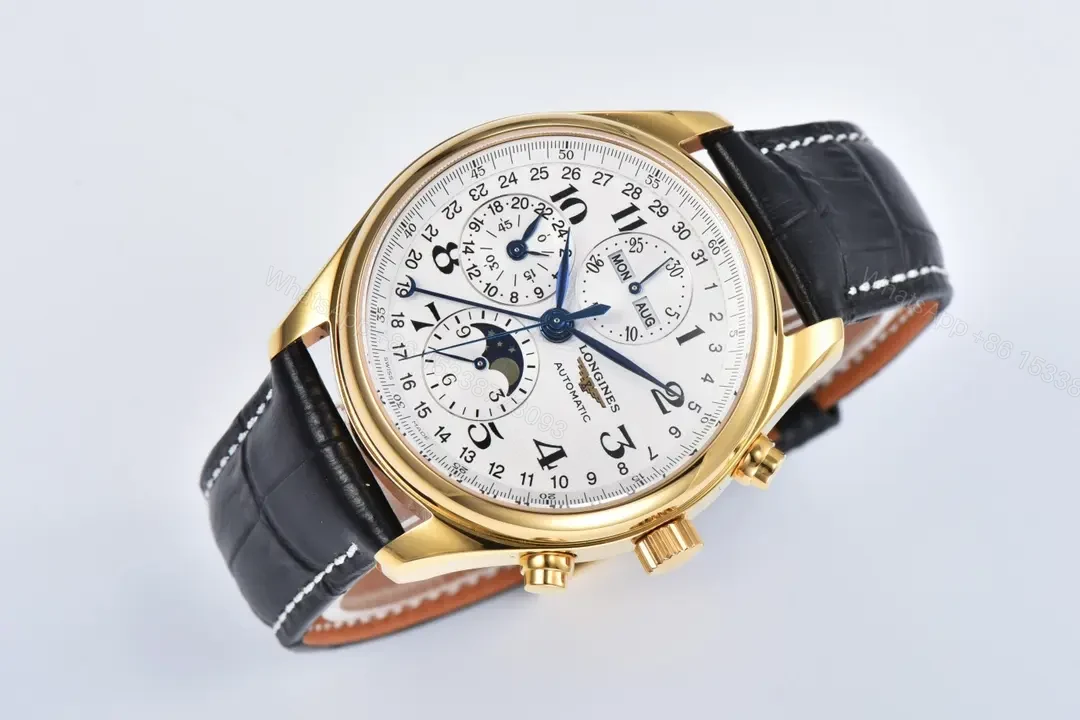 View 2 of Longines Master Collection Moon Phase Chronograph Watch Gold Case Black Leather Strap White Dial