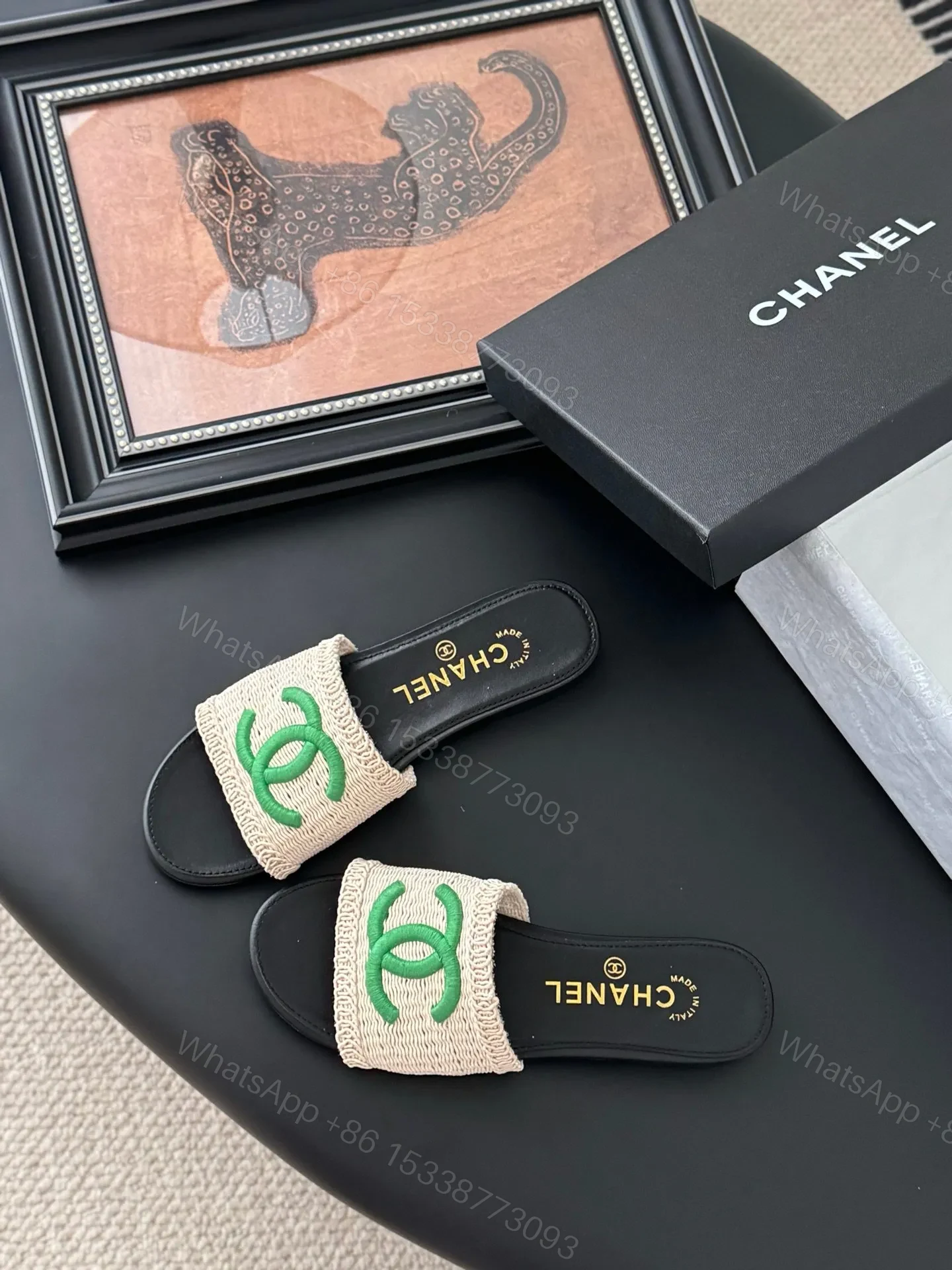 View 6 of Chanel Women Beige Fabric Green Logo Slides