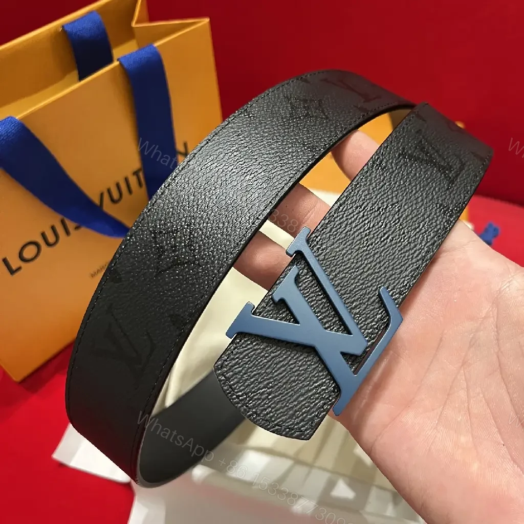 View 2 of Black Leather Belt with Oversized Blue LV Buckle