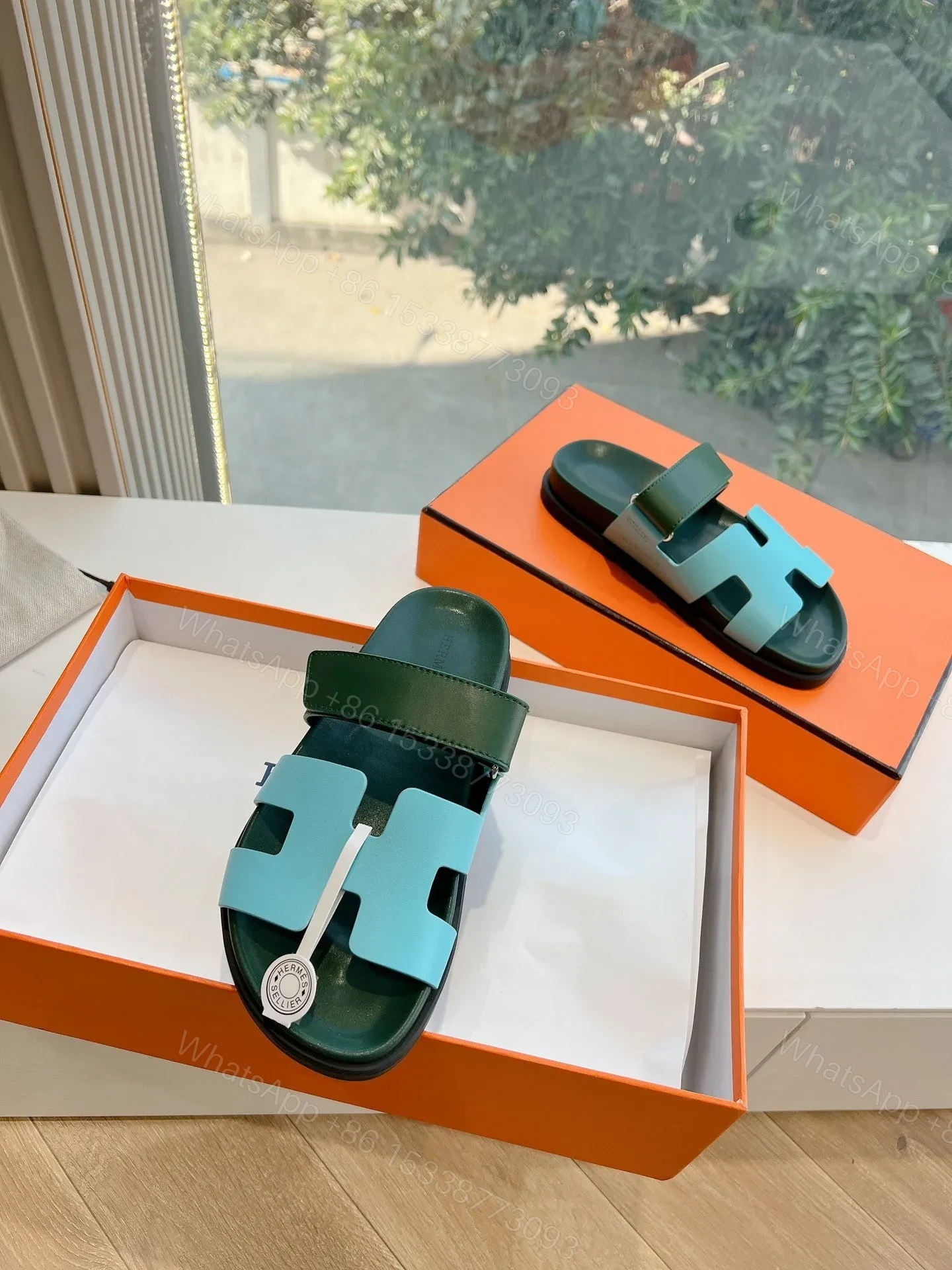 View 5 of Hermes Women Green Leather Blue Sandals