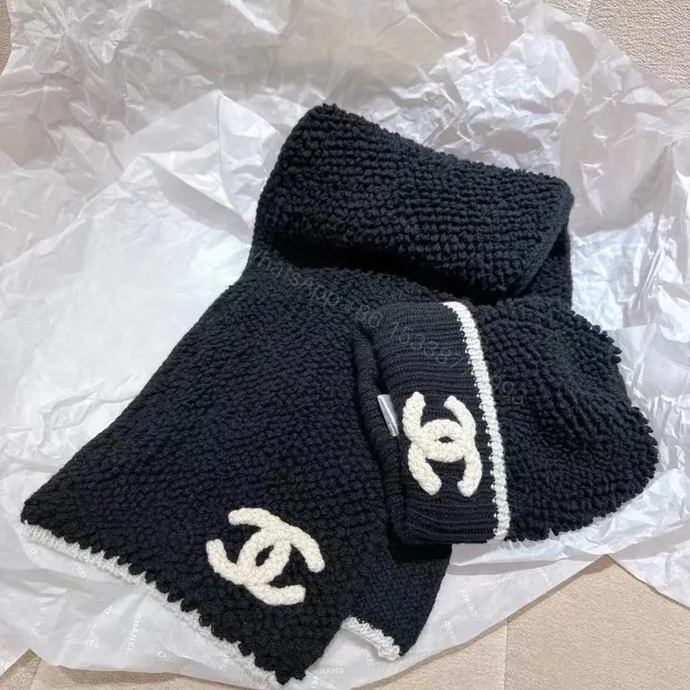View 7 of Chic Logo Plush Scarf & Beanie Set â€“ Cream/Black, Cozy Luxury