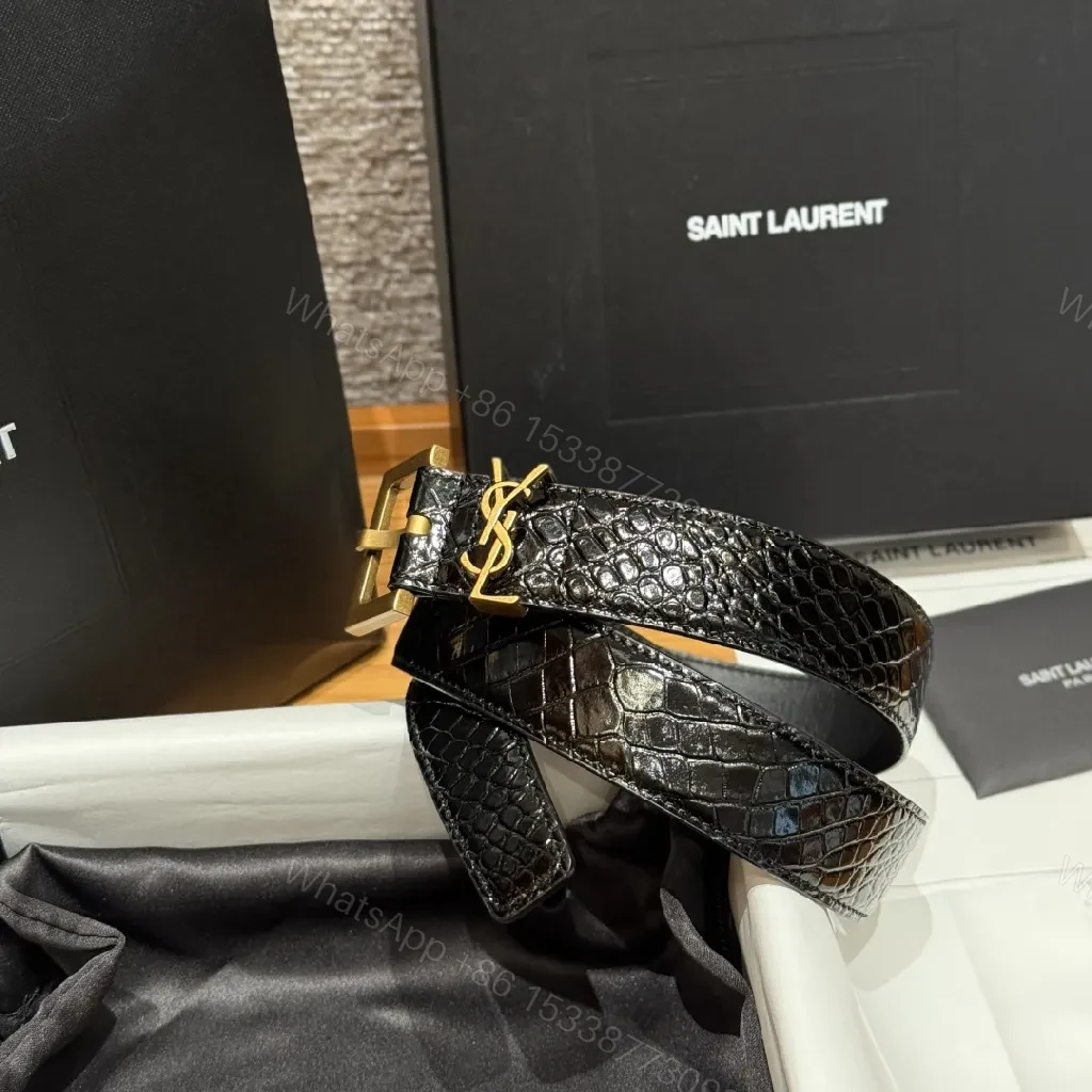 View 8 of Croc-Texture Black Belt with Gold Buckle – Modern Luxury Belt