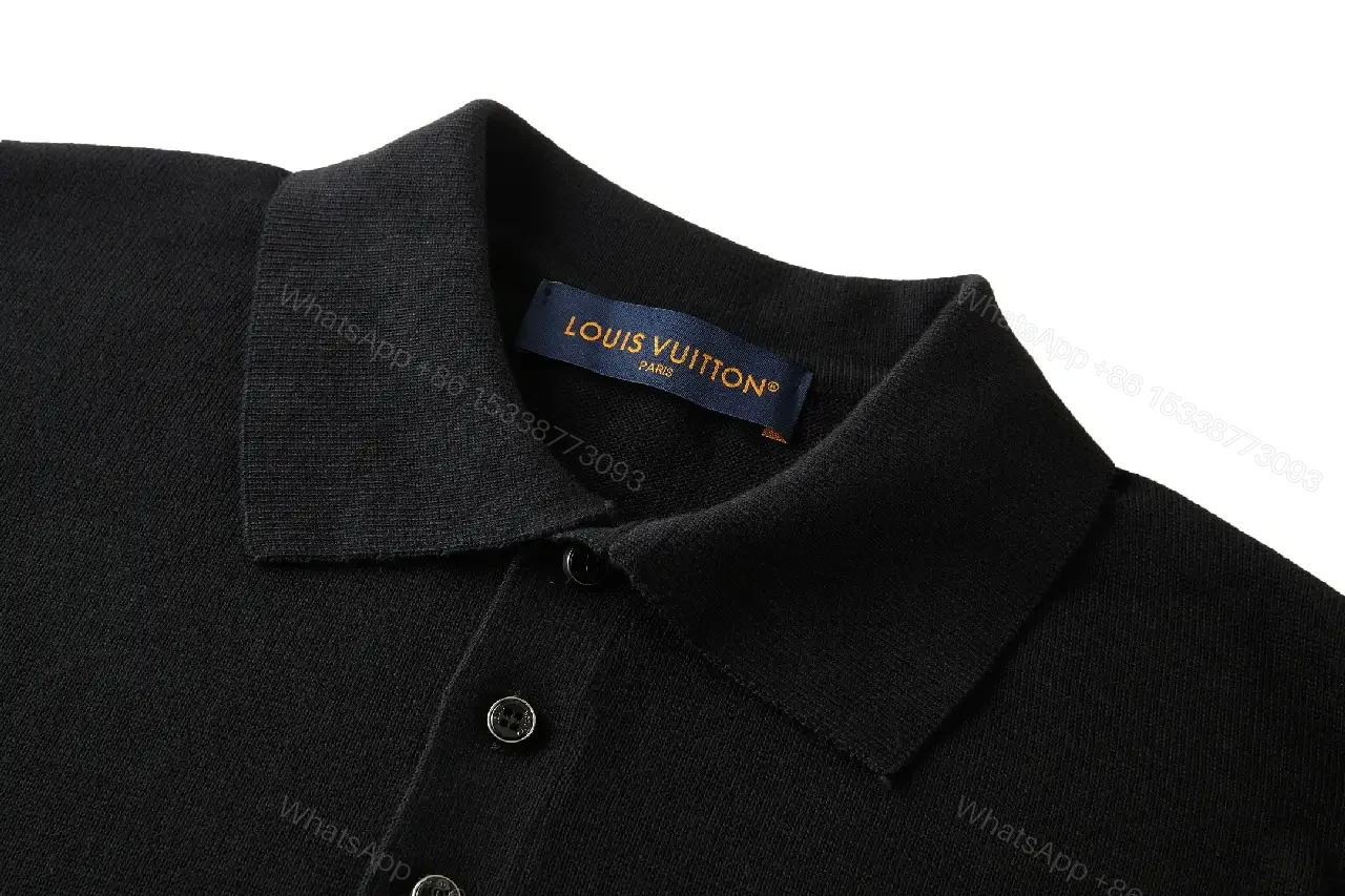 View 3 of Polished Polo Tee: Black Knit with Gold Crest Polo Shirt