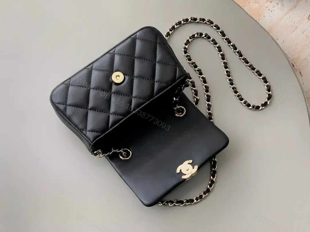 View 3 of Compact Quilted Leather Crossbody with Gold Logo Crossbody Bag
