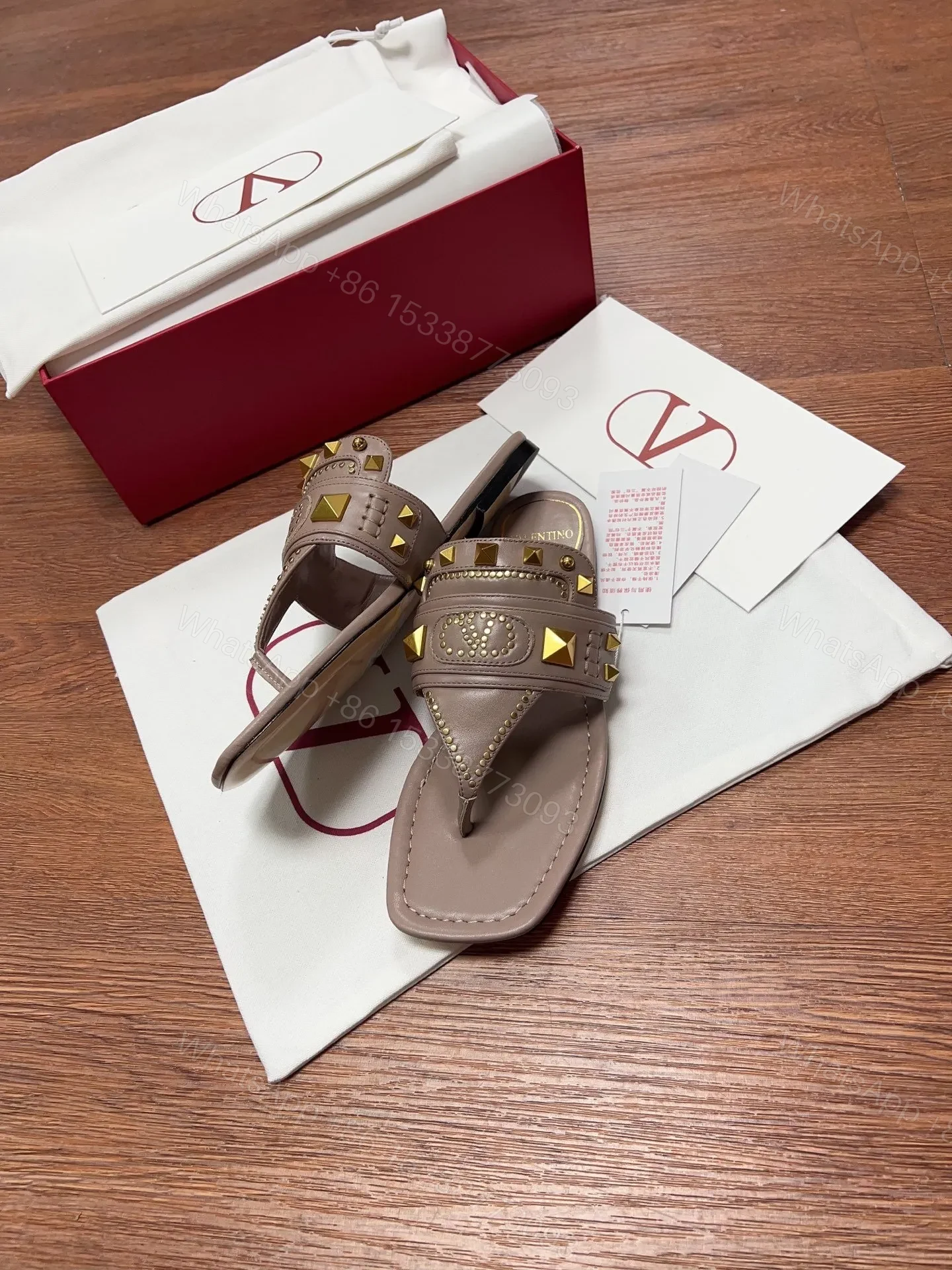 View 3 of Valentino Women Taupe Leather Studded Sandals