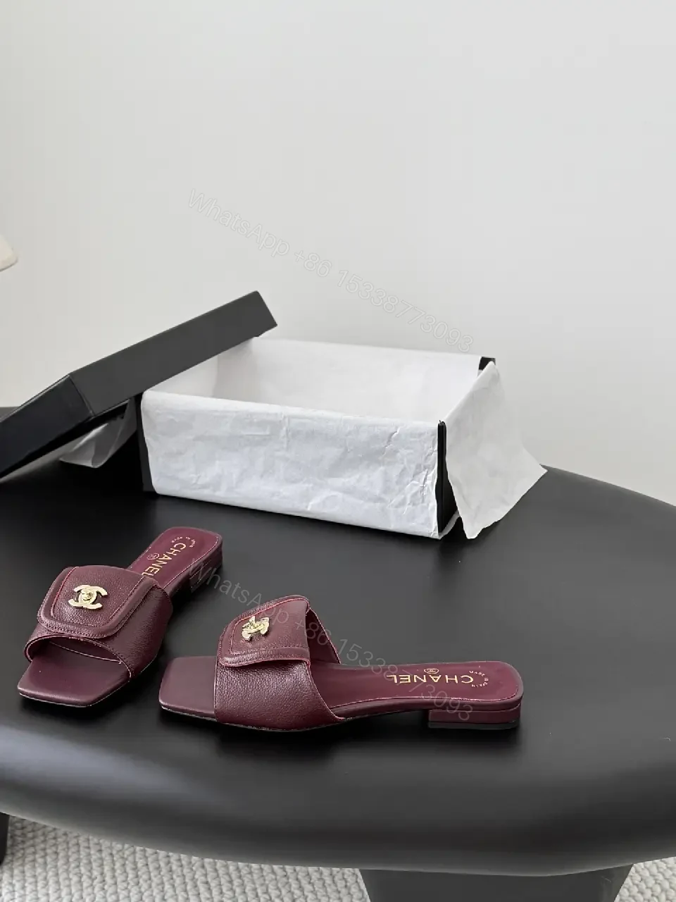 View 9 of Burgundy Leather Slides – Gold Logo Hardware, Premium Comfort