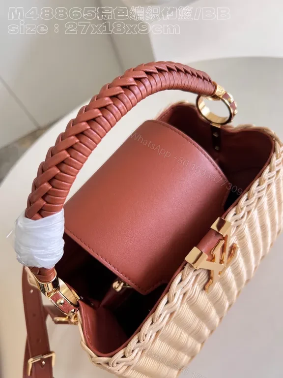 View 7 of Chic Straw Handbag with Leather Trim and LV Emblem