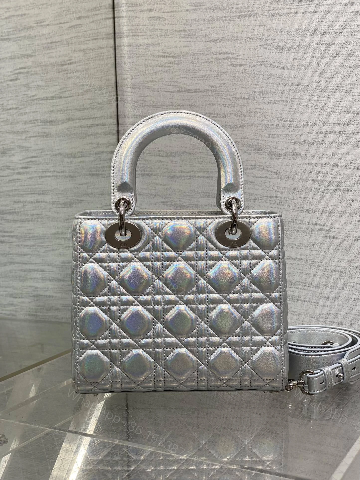 View 3 of Christian Dior metallic silver Cannage lambskin