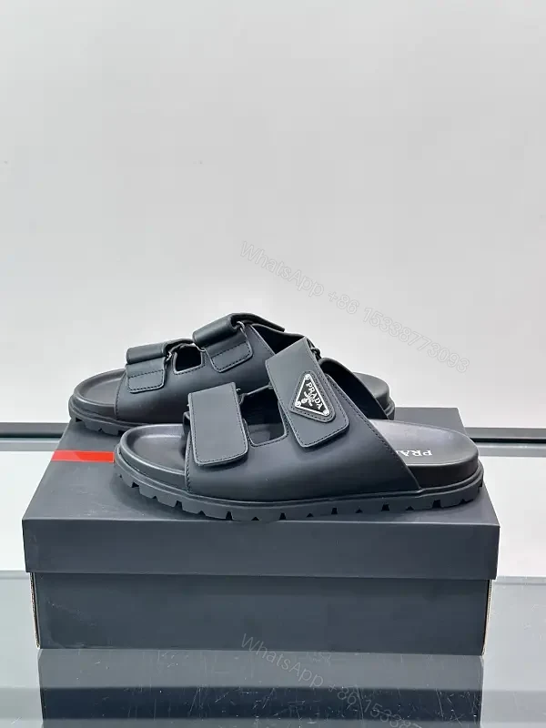 Black Leather Sandals, Velcro Straps, Prada-Style Vintage Design Slippers — view 1
