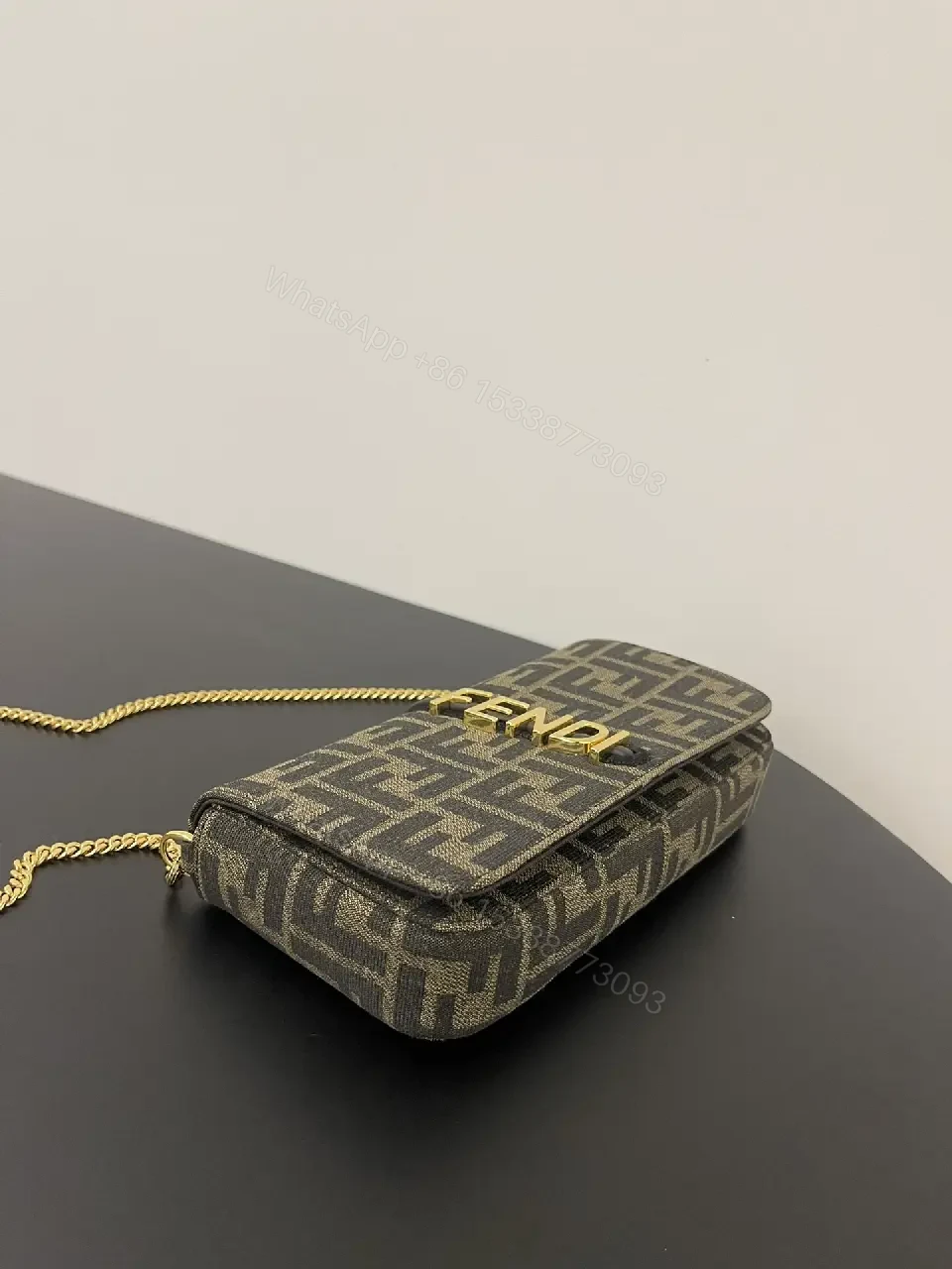 View 2 of Gray Coated Fabric Rectangular Shoulder Bag Bold Vertical Logo Clasp Product Type