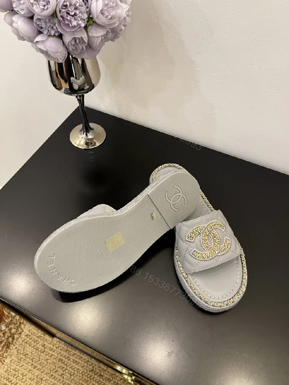 View 7 of Grey Leatherette Embellished Slide — Luxe, Cushioned, Slip-On