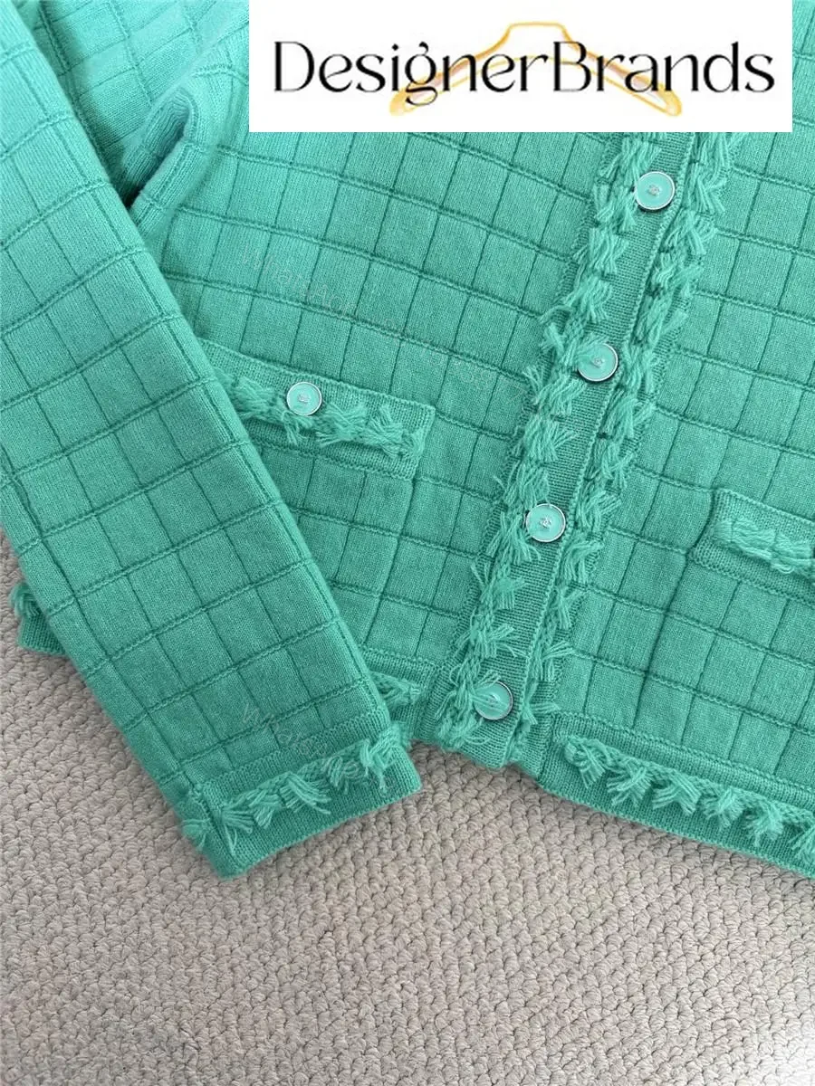 View 7 of Mint Grid-Texture Tweed Jacket: Modern Color Pop, Fringe Detail