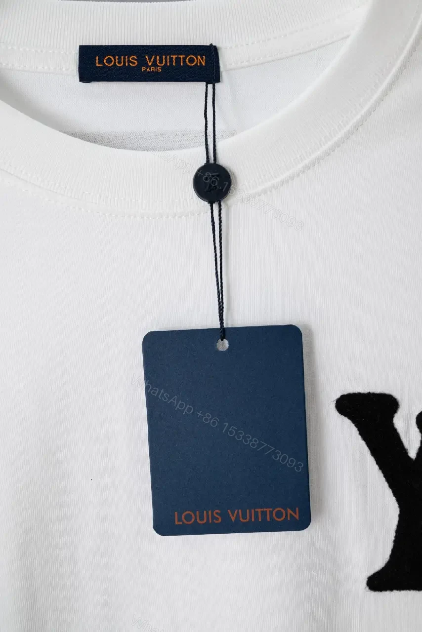 View 7 of White Cotton Relaxed-Fit T-Shirt with Black LV Logo Embroidery Crew Neck Short Sleeve