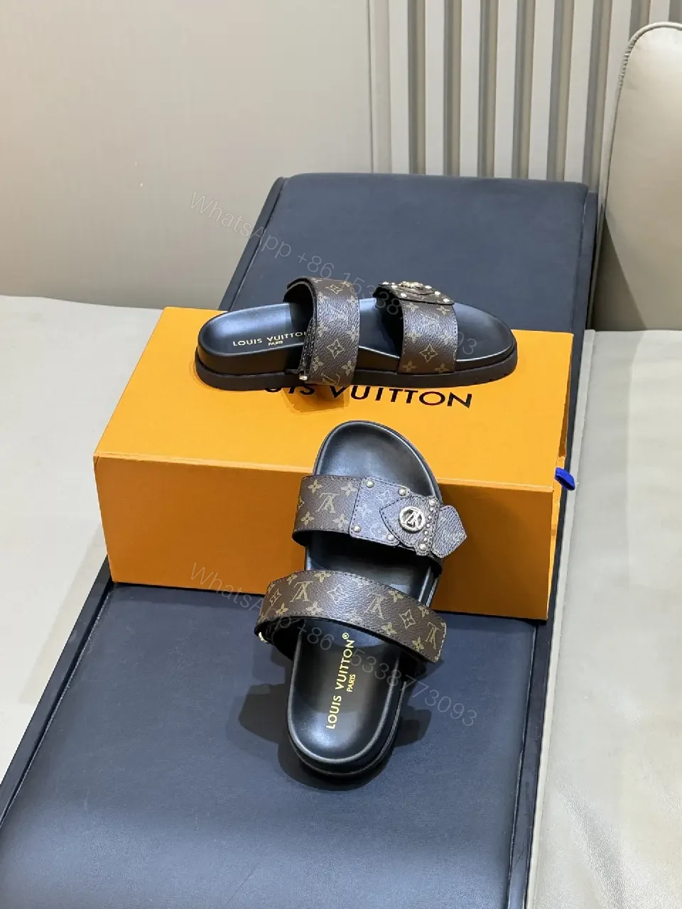 View 2 of Black Monogram Leather Sandals with Louis Vuitton Style Slides