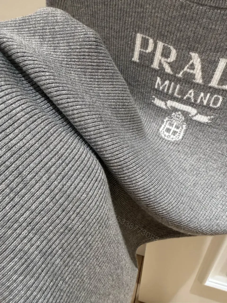 View 10 of Gray Heather Knit Tee, Relaxed Fit, Fine Rib Texture, Prada Logo