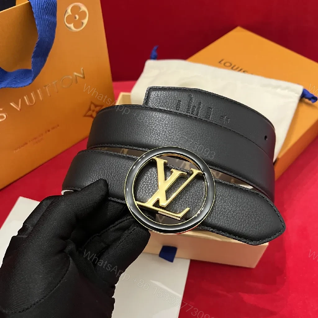 View 9 of Bold Leather Belt with Gold Logo Buckle - Premium Style Belt