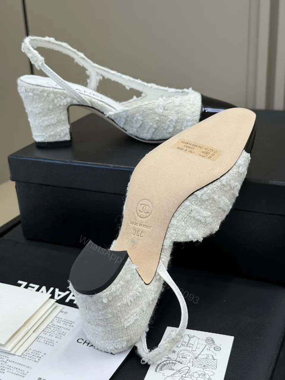 View 2 of White Tweed Patent-Toe Slingback Pumps with Mid-Heel
