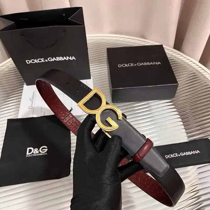 View 7 of Burgundy Crocodile-Texture Belt with Gold DG Buckle