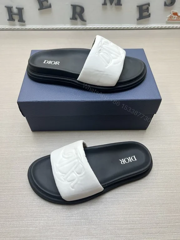 View 9 of White Leather Dior-Logo Slide: Elevated Minimalism