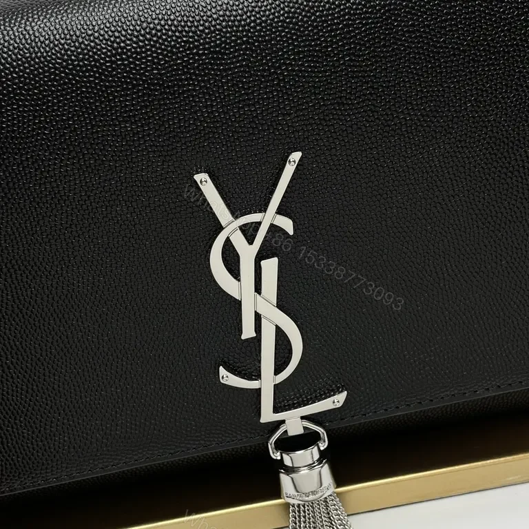 View 4 of Chic Black Leather Clutch: Silver YSL-Inspired Emblem, Chain