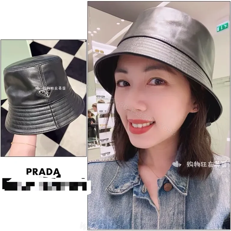 View 3 of Black Leather-Texture Bucket Hat with Prada-Inspired Logo