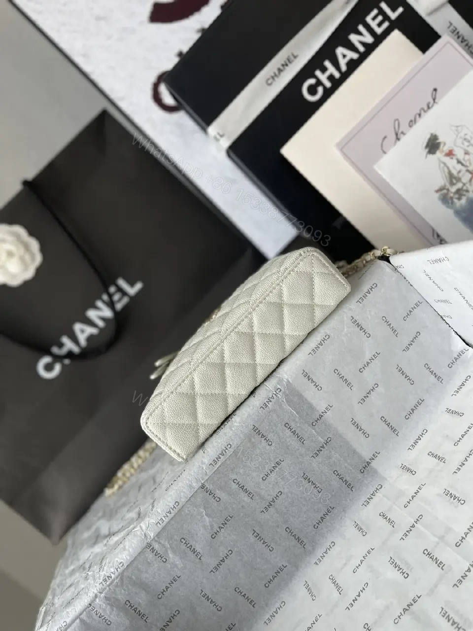 View 4 of Quilted Ivory Mini Bag in Luxe Chevron, Gold Hardware