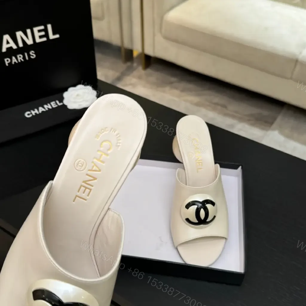 View 4 of Ivory Leather Block-Heel Slides with Interlocking Hardware