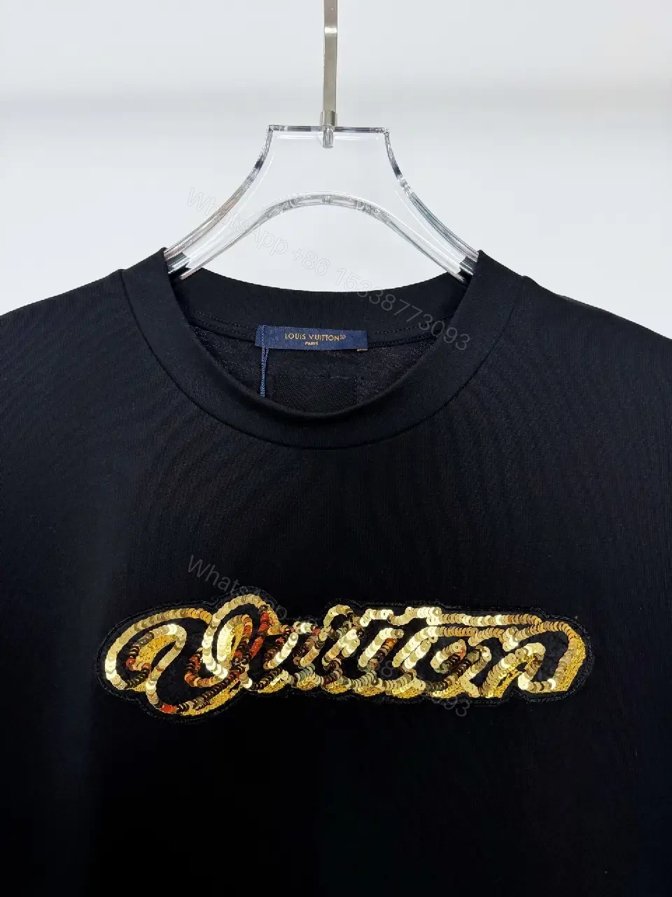 View 6 of Black Cotton Tee with Gold Sequin Logo, Luxe Everyday Streetwear