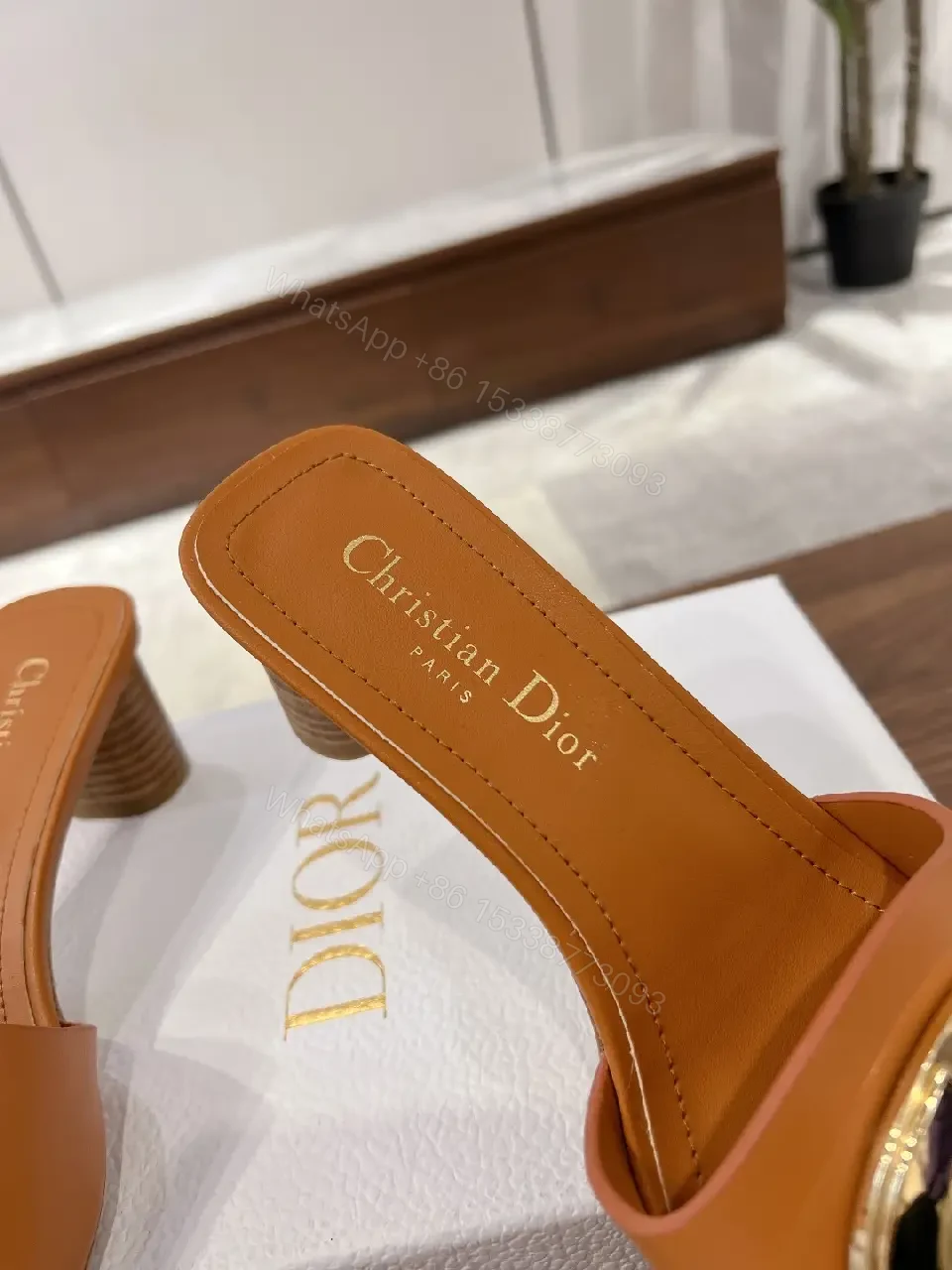 View 6 of Tan Leather Mule Gold Logo Buckle Dior Style Heel Slip-On Sandal