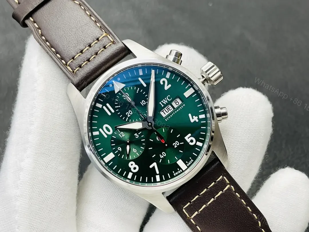 View 2 of Replica IWC Watch Pilot Chronograph Green Dial Leather Strap Premium 41MM IWC-PILOT-CHR-GRN41