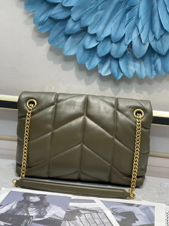 View 8 of Taupe Olive Quilted Leather Shoulder Bag with Gold Hardware â€“ Luxe Everyday Style