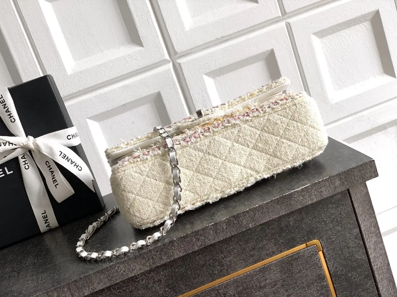 View 9 of Tweed-Texture Chain-Stride Flap Bag, Compact Luxury